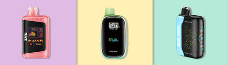 Photo featuring three best selling disposable vapes: Raz LTX 25K, Flum Mello, Geek Bar Pulse X