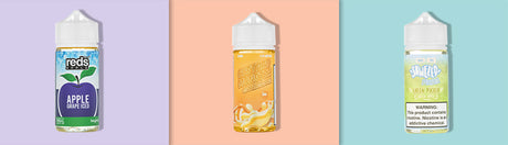Photo featuring three best selling freebase e-liquids: Reds Apple Grape Iced, Custard Monster Butterscotch, Skwezed Green Apple Ice
