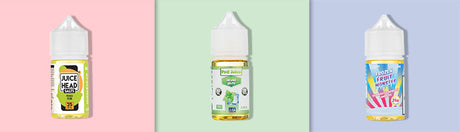 Photo featuring three best selling salt nicotine e-juice: Juice Head Peach Pear, Pod Juice Jewel Mint, Frozen Fruit Monster Blueberry Lemon Ice