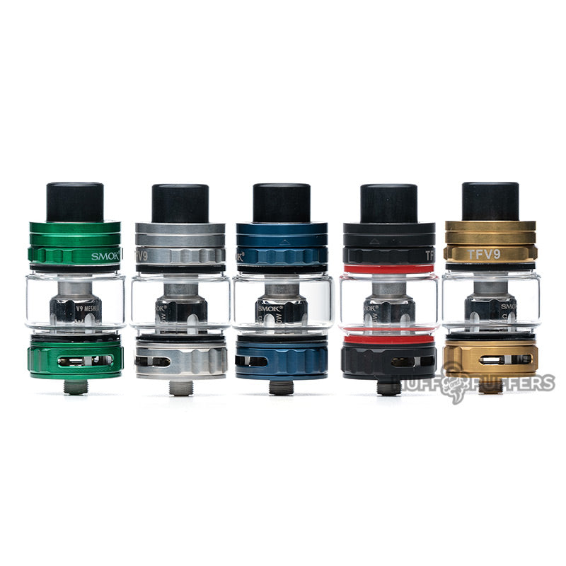 smok tfv9 tank in green, stainless steel, blue, black, and gold