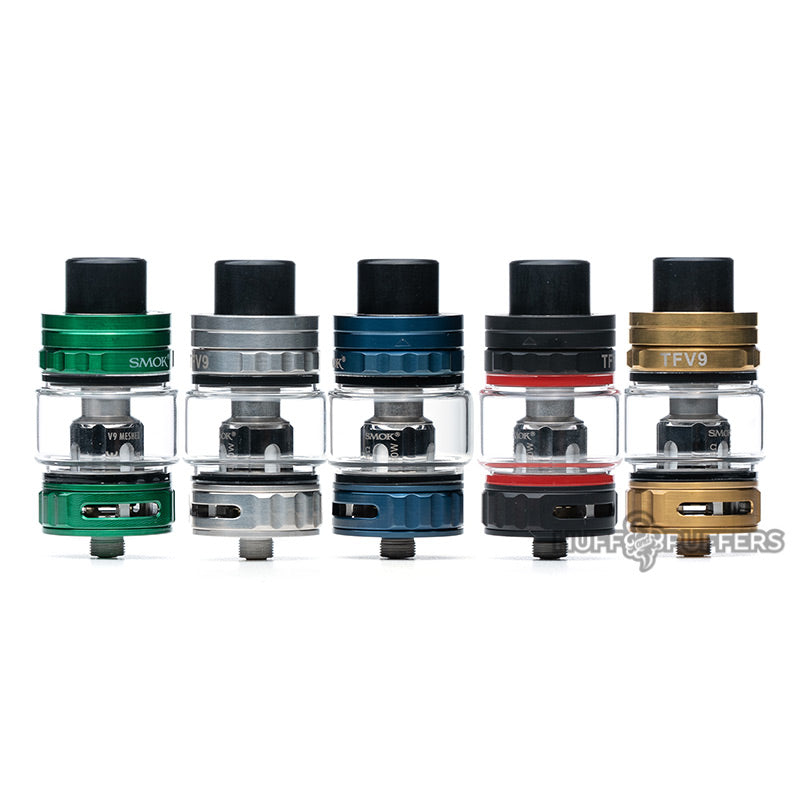 smok tfv9 tank in green, stainless steel, blue, black, and gold