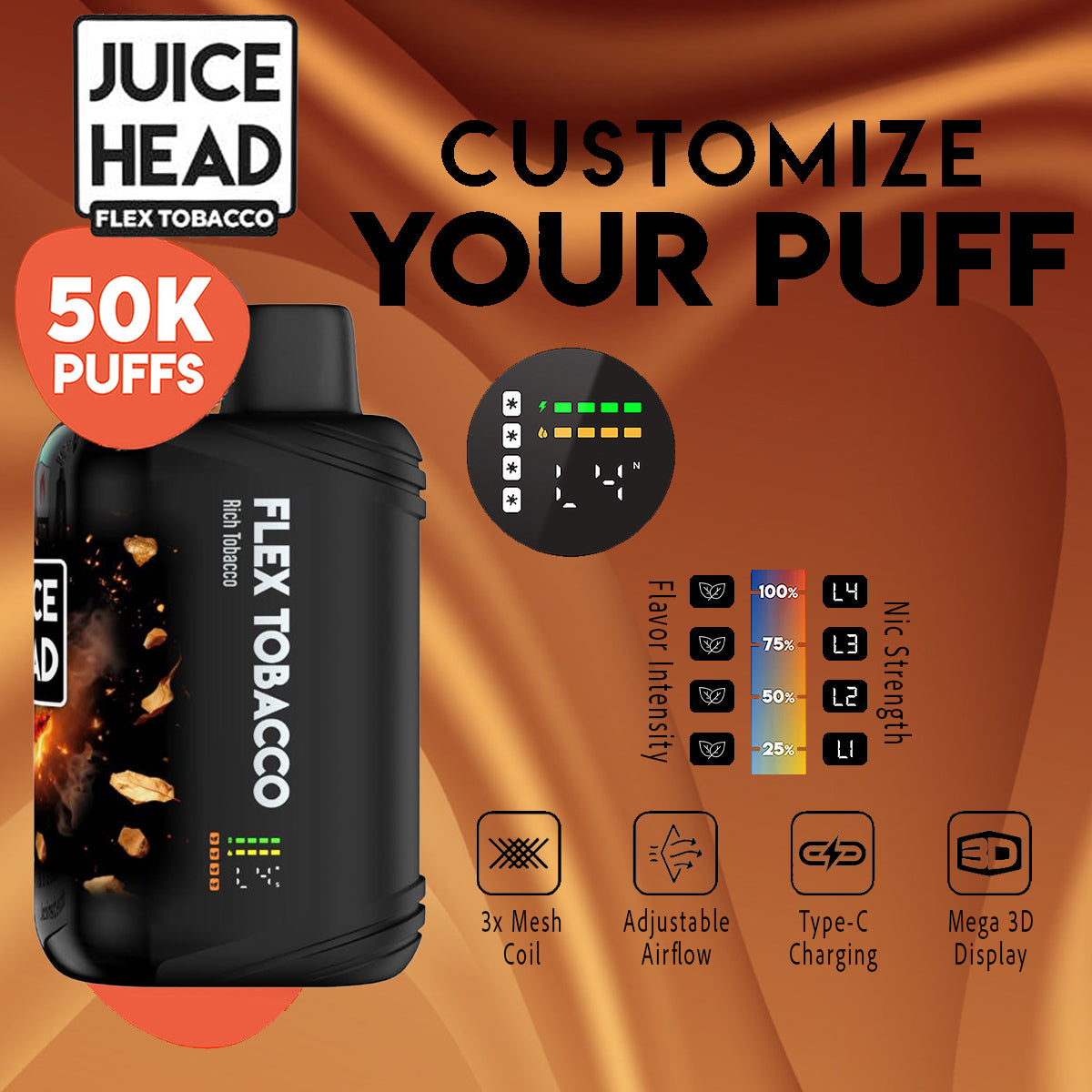 Juice Head Flex Tobacco Disposable Vape features