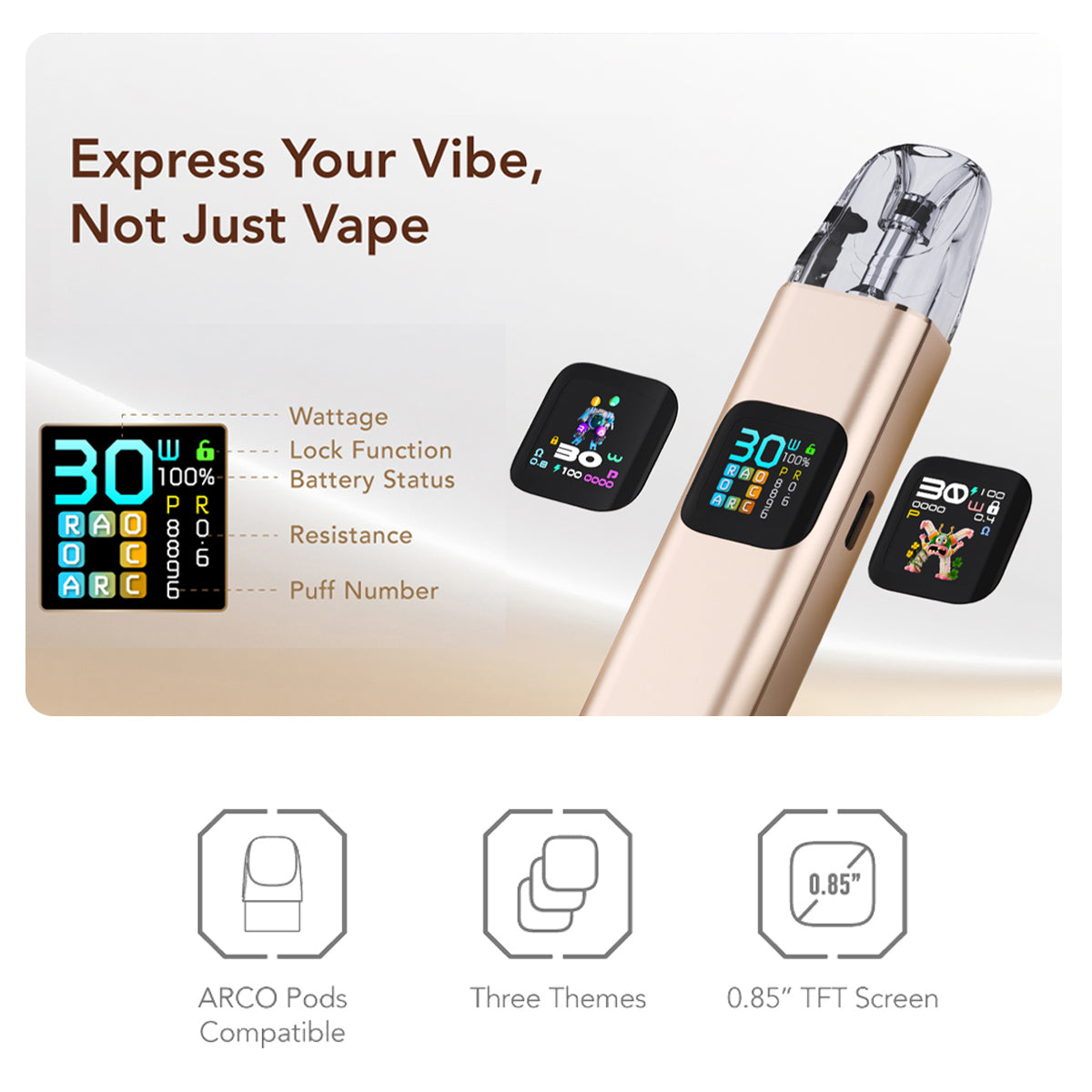 Smok Arco Digi Pro Pod System screen features