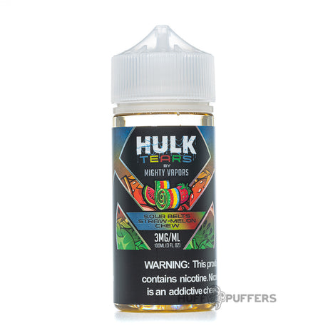mighty vapors hulk tears sour belts straw-melon chew 100ml e-juice bottle