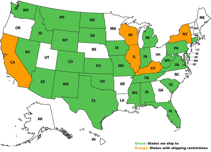 Map of approved states to ship vapes to