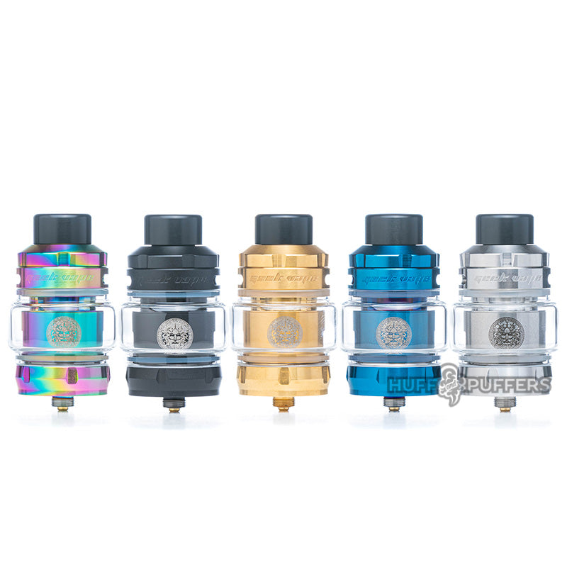 geekvape z max tank in blue, black, stainless steel, rainbow, and gold
