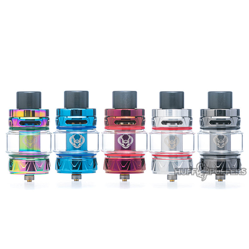 horizon sakerz sub ohm tank in rainbow, blue, purplish red, stainless steel, and gun metal