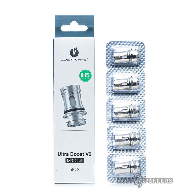 lost vape ultra boost v2 m3 0.15 ohm coil 5 pack with box packaging