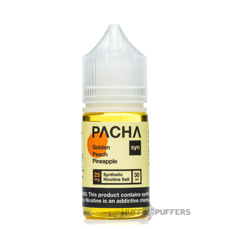 pacha syn salt golden peach pineapple 30ml e-juice bottle