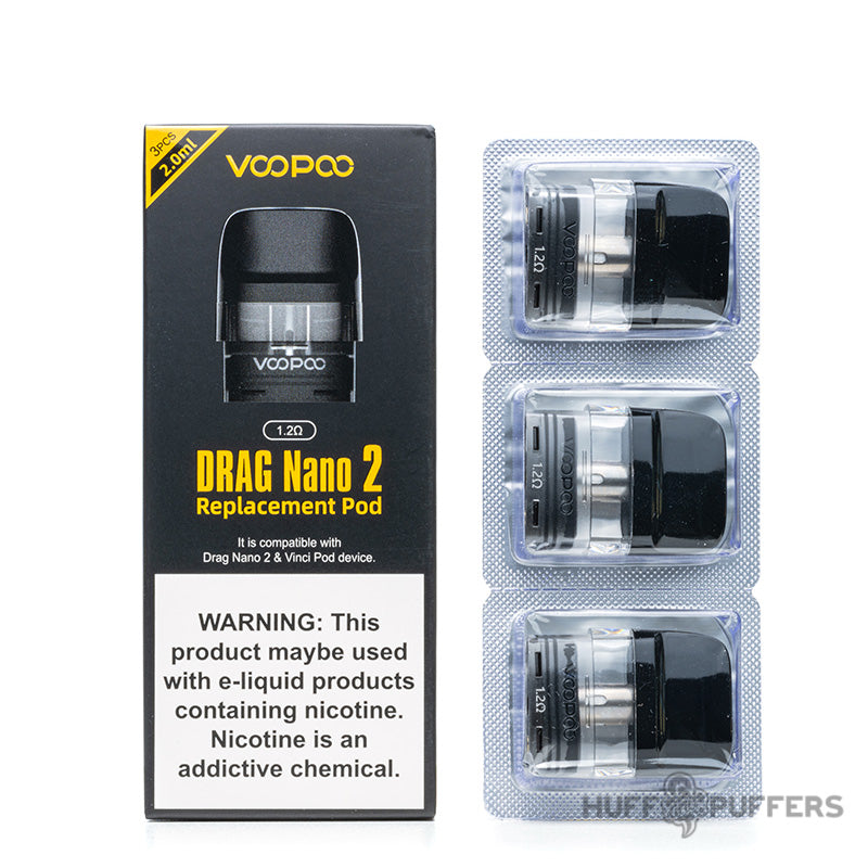 voopoo drag nano 2 replacement pods 1.2 ohm 3 pack with box packaging