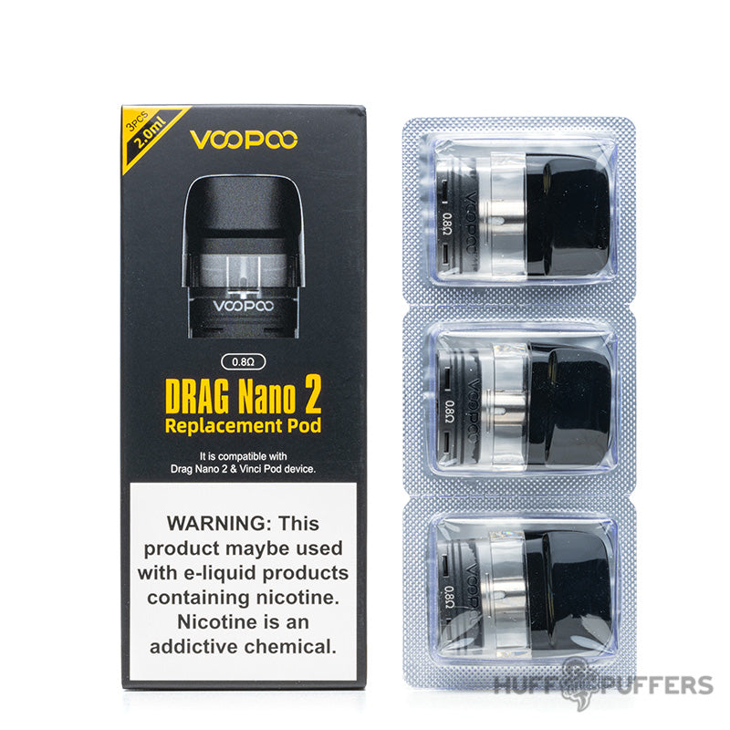 voopoo drag nano 2 replacement pods 0.8 ohm 3 pack with box packaging
